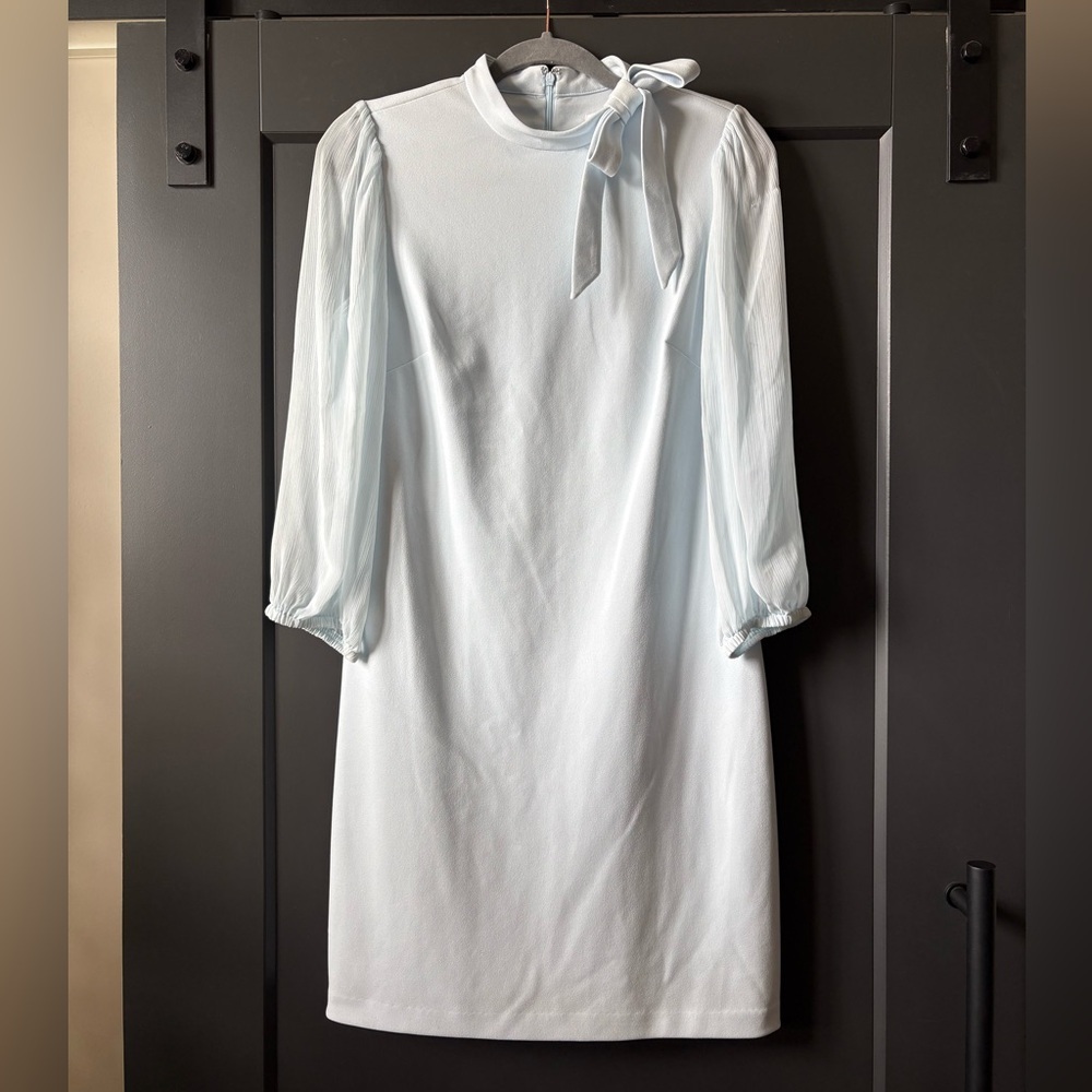 Calvin Klein Icy Blue Dress, Sheer Long Sleeves, Bow at Neckline